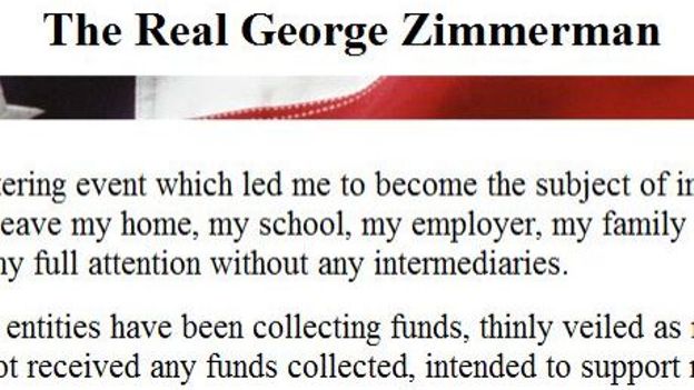 La page d'accueil du site de George Zimmerman