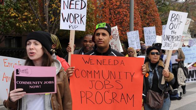Manifestation d'Américains qui demandent un emploi